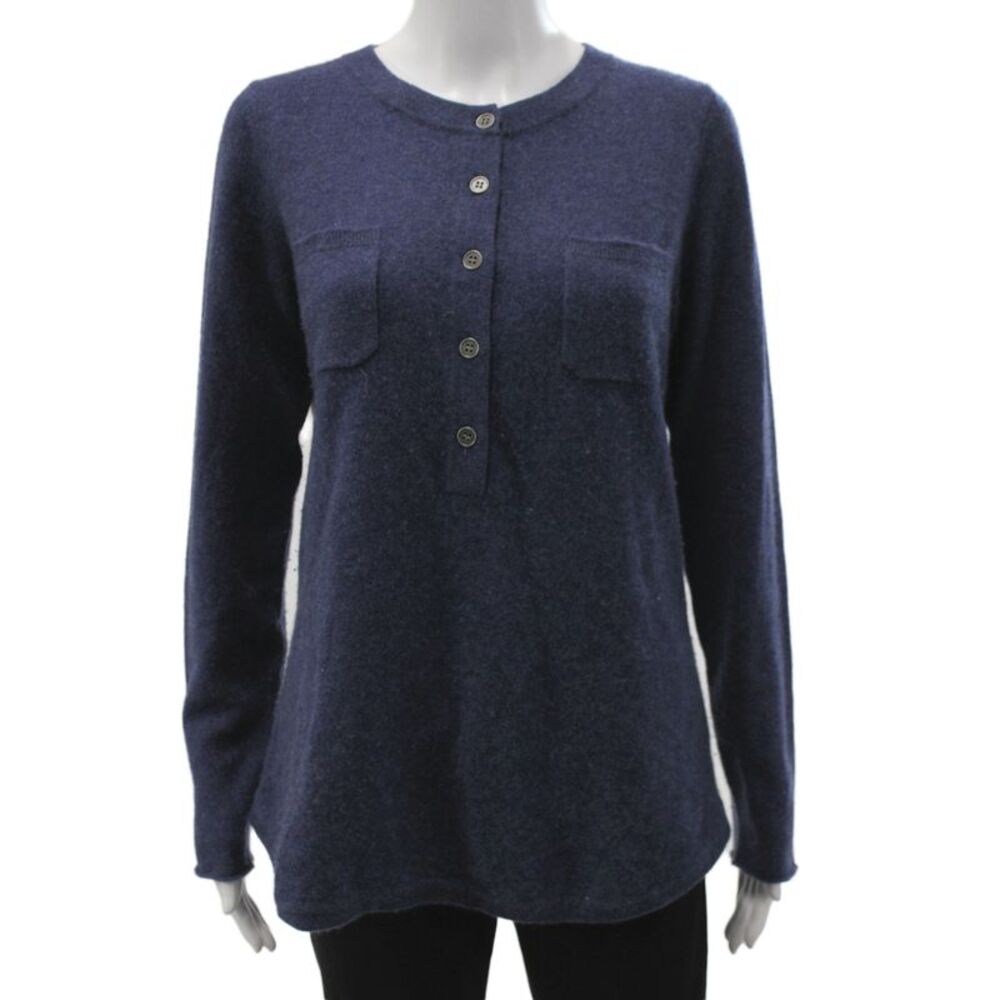 Project Women Henley 100% Cashmere Sweater Blue Long Sleeve Round Neck Size M